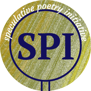 Circle with a brushed gold background. The words "speculative poetry initiative" are in white text at the top. The letters "SPI" are in the center, in dark blue text.