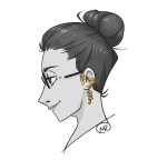 An illustration of a woman's face in profile, with her dark hair in a bun, wearing glasses and earrings.