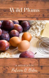 A book cover featuring the words “Wild Plums” at the top and “A novelette” and “Patricia Q. Bidar” at the bottom, in white text over an image of wood grain. A central photograph features a stack of plums and a few eggs, next to a whisk and bowl, with flour, suggesting pastry preparation.