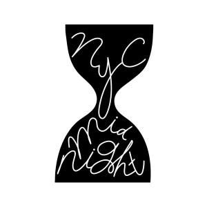 An illustration of an hourglass. It's black, on a white background. The words NYC Midnight are in cursive writing, spilling from the top of the hourglass into the bottom.