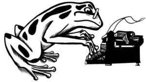 Black and white image of a small spotted frog typing on an old-fashioned typewriter.