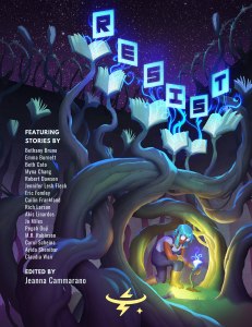 Anthology cover features the words Resist in stylized boxes above an illustration person gathering books like flowers.