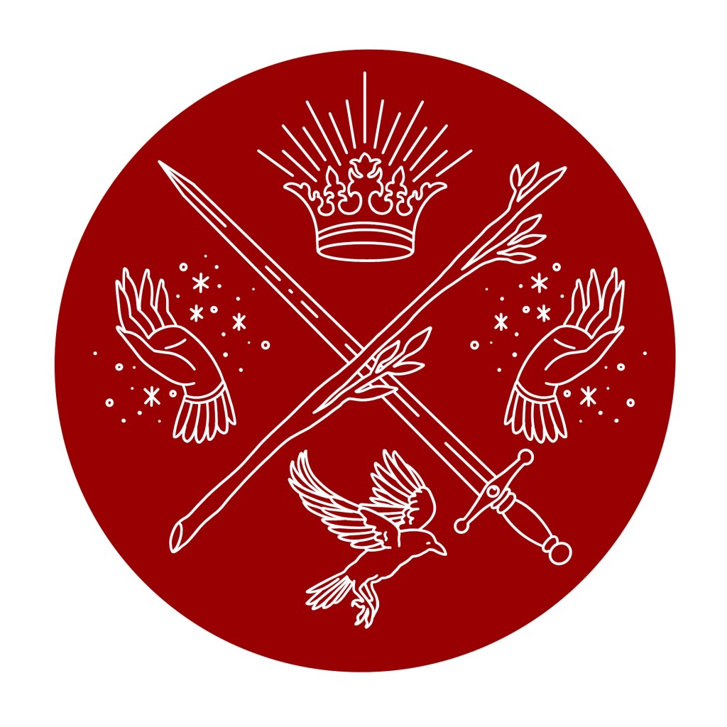 Sword & Kettle Press logo featuring white illustrations on a burgundy circle. A crossed sword and wand divide the circle into four quarters. In the left and right quarters are outstretched hands surrounded by sparkles. A shining crown is in the top quarter, and a flying crow is in the bottom.
