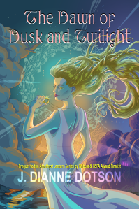 The Dawn of Dusk and Twilight by Jendia Gammon writing as J. Dianne Dotson. Cover art by Kim Herbst showing a woman with long, blonde hair wearing a sleeveless white dress, standing at the edge of the sea, holding a crescent moon necklace. She is lit by the final rays of the setting sun and surrounded by a circular, swirling pattern. The sky is teal and green and orange fading to deep purples. A lighthouse can be seen on a distant cliff. An owl flies above.
Text reads The Dawn of Dusk and Twilight at the top in rosy, swirling font.
At the bottom, yellow text reads: Prequel to the Amethyst Lantern Series by Nebula & BSFA Award Finalist
J. Dianne Dotson
